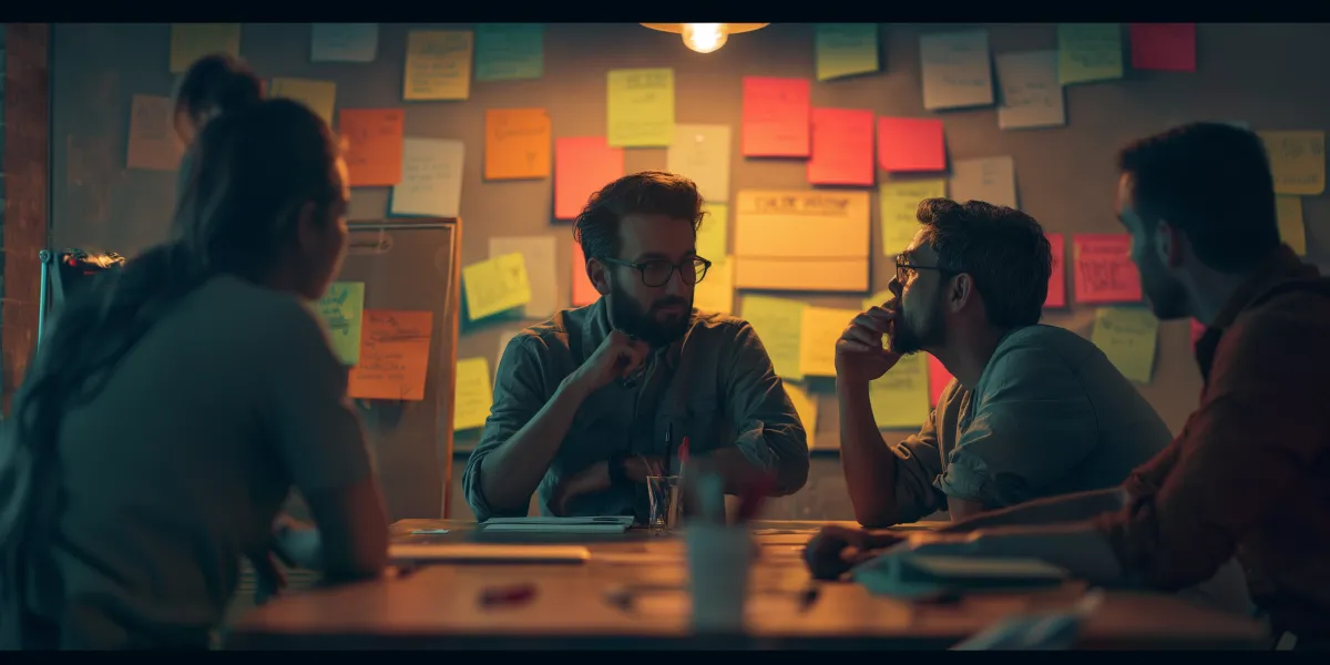 Grupo discutindo processos criativos em equipa